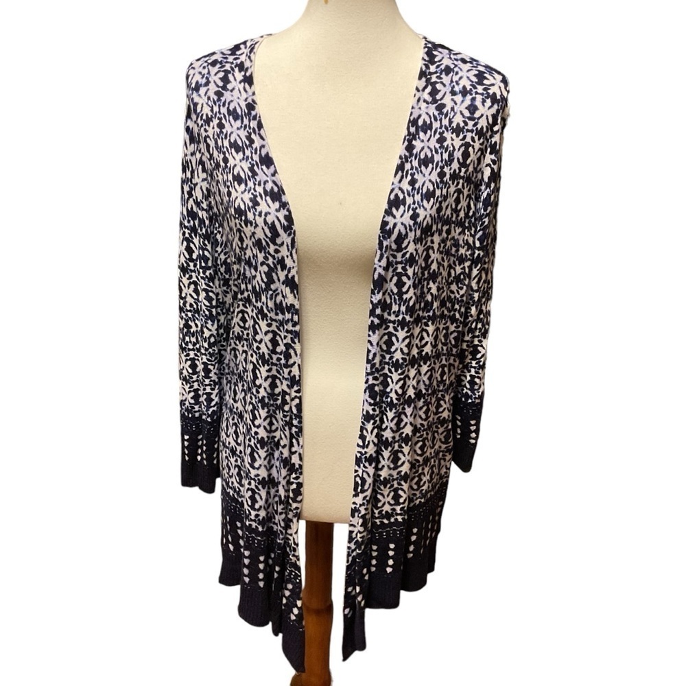 Roz & Ali Blue and White Patterned Draped Front Open Cardigan